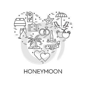 Horizontal banner with honeymoon symbols in heart Line art