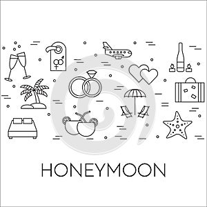 Horizontal banner with honeymoon symbols Line art