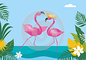 Horizontal banner with jungle exotic leaves and couple of pink dancing flamingo