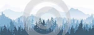 Horizontal banner. Magical misty landscape. Silhouette of forest and mountains, fog. Nature background. Blue and white.