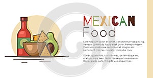 Horizontal banner with mexican food and place for text. Avocado guacamole with nachos corn chips, spicy sauce and lettering.