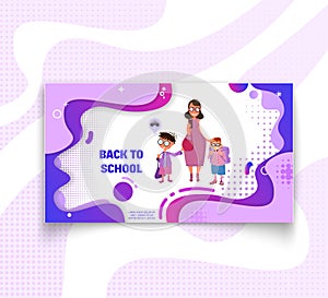 Horizontal banner mom and kids go to school - back to school and sale, flat style with geometric figures and characters