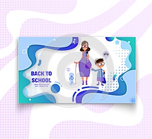 Horizontal banner mom and son go to school - back to school and sale, flat style with geometric figures and characters