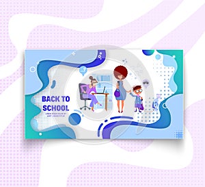 Horizontal banner mother and son at school - back to school and sale, flat style with geometric figures and characters