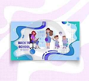 Horizontal banner mother and son at school - back to school and sale, flat style with geometric figures and characters