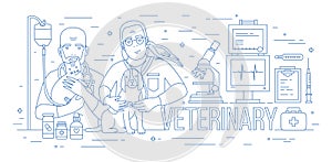 Horizontal banner with pair of veterinarians holding dog, cat and parrot. Two smiling vets with pet animals in