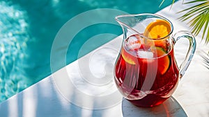 Horizontal banner with with a pitcher of Spanish sangria on the side of the pool, summer hotel vacation
