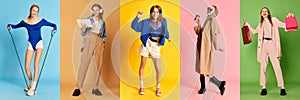 Horizontal banner with portraits of happy young girl doing different activities shopping, training, dancing, studying