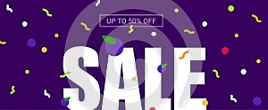 Horizontal banner Sale with confetti on dark blue background. up to 50 off.