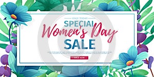 Horizontal banner for sale International Happy Women`s Day on flower background. Flyer for March 8 with the decor o