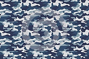 Horizontal banner seamless camouflage pattern background. Classic clothing style masking camo repeat print. Blue, navy