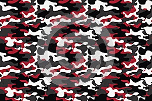 Horizontal banner seamless camouflage pattern background. Classic clothing style masking camo repeat print. Red, white, brown blac