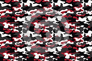 Horizontal banner seamless camouflage pattern background. Classic clothing style masking camo repeat print. Red, white, brown blac