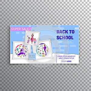 Horizontal banner set- back to school and sale, flat style with geometric figures and characters