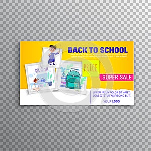 Horizontal banner set- back to school and sale, flat style with geometric figures and characters