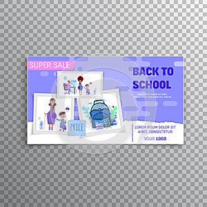 Horizontal banner set- back to school and sale, flat style with geometric figures and characters