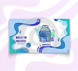 Horizontal banner set concept school backpack - back to school and sale, flat style with geometric figures and characters