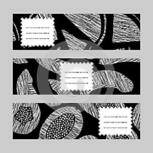 Horizontal banner set. Monochrome. Melon, watermelon and papaya slices.