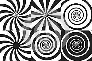 Horizontal banner set of psychedelic spiral with radial rays, twirl, twisted comic effect, vortex backgrounds. Vector