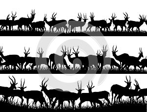 Horizontal banner silhouettes of herd of antelope in African savanna.