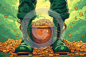Horizontal banner for St. Patrick\'s Day. A pot of gold coins and Leprechaun Shoes