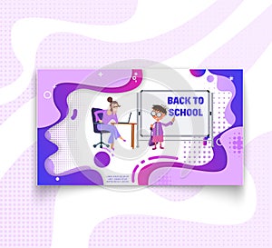 Horizontal banner teacher and pupil - back to school and sale, flat style with geometric figures and characters