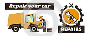 Horizontal banner template on car repairs. Repair logo, hand holding a wrench. Technician reconditioning orange truck photo