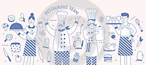 Horizontal banner template with chief, cook, waiter and waitress surrounded by food products and cooking tools