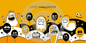 Horizontal banner template for happy Halloween. Balloons with creepy faces, jaws, teeth and open mouths. Cartoon