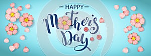 Horizontal banner with text message With Happy Mother's day and cherry flowers