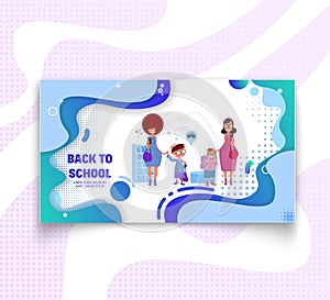 Horizontal banner two families go to school - back to school and sale, flat style with geometric figures and characters