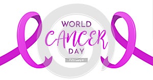 Horizontal banner World Cancer Day Vector Illustration with color and ribbon purple. Landscape Poster for web, social media or