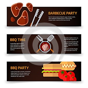 Horizontal banners BBQ, burgers and grill tongs on black background