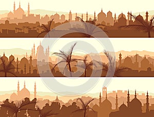 Horizontal banners of big arab city at sunset.