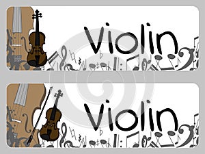 Horizontal banners, buisness card template with violin, alt and bow. Isolated vector illustration with musician