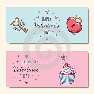 Horizontal banners with cupcake and heart shaped lock and flying key in doodle style for Valentine s Day