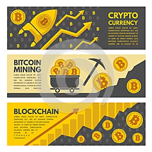Horizontal banners with illustrations of bitcoin mining industry
