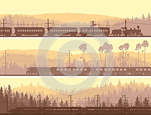 Horizontal banners of locomotive, train and hills coniferous woo