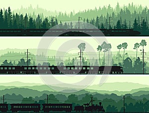 Horizontal banners of locomotive, train and hills coniferous woo
