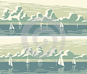 Horizontal banners with sailboats and cumulus clouds.