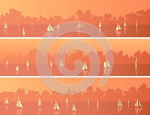 Horizontal banners with sailboats and cumulus clouds at sunset.