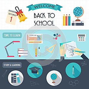 Horizontal banners with school and education icons. Back to school. Flat design.