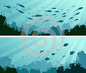 Horizontal banners of seabed with coral reefs, algae and school of fish.