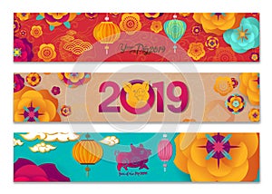 Horizontal Banners Set with Chinese New Year Elements. Hieroglyph - Zodiac Sign Pig. Vector illustration. Asian Lantern, Clouds an