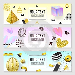 Horizontal Banners Set with Gold Glitter Geometric Elements. Poster Invitation Voucher Templates. Abstract Cards Design