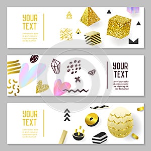 Horizontal Banners Set with Gold Glitter Geometric Elements. Poster Invitation Voucher Templates. Abstract Cards Design