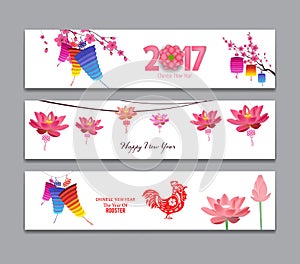 Horizontal Banners Set with Hand Drawn Chinese New Year Rooster