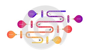 Horizontal bevel way roadmap timeline elements with markpoint graph think search gear target icons. vector illustration eps10