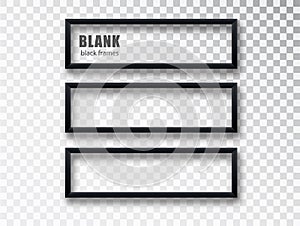 Horizontal black frame mockup template isolated on transparent background. Black blank picture frames. Empty frame