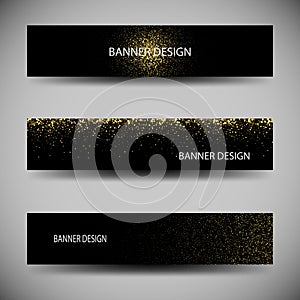 Horizontal Black and Gold Banners Set, Greeting Card Design. Golden Dust. Happy New Year and Christmas Poster Invitation Template